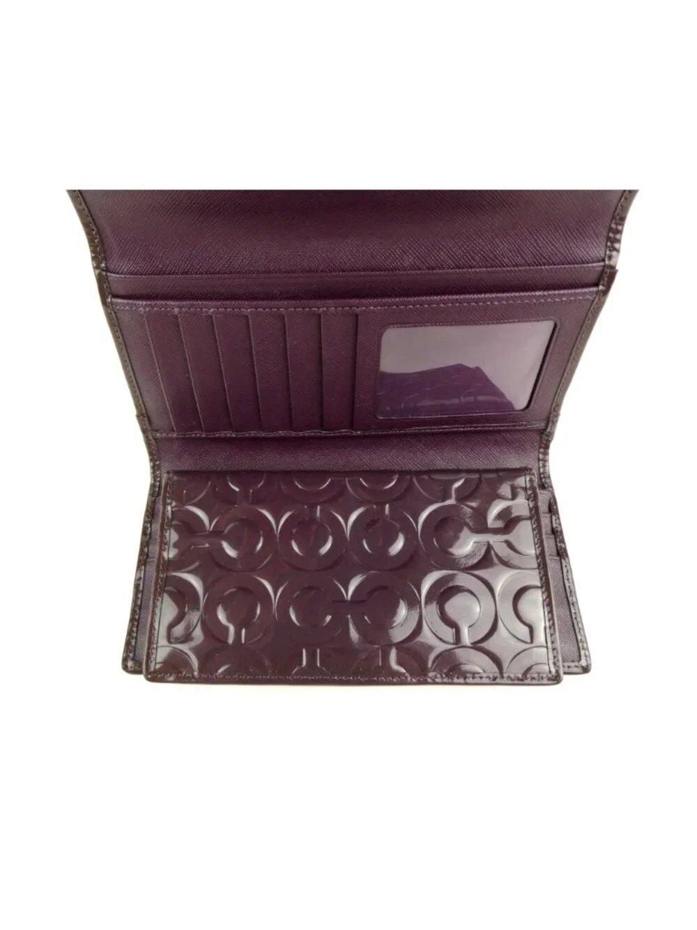 Coach Signature Purple Patent Leather Checkbook Trifold Wallet - Picture 8 of 14